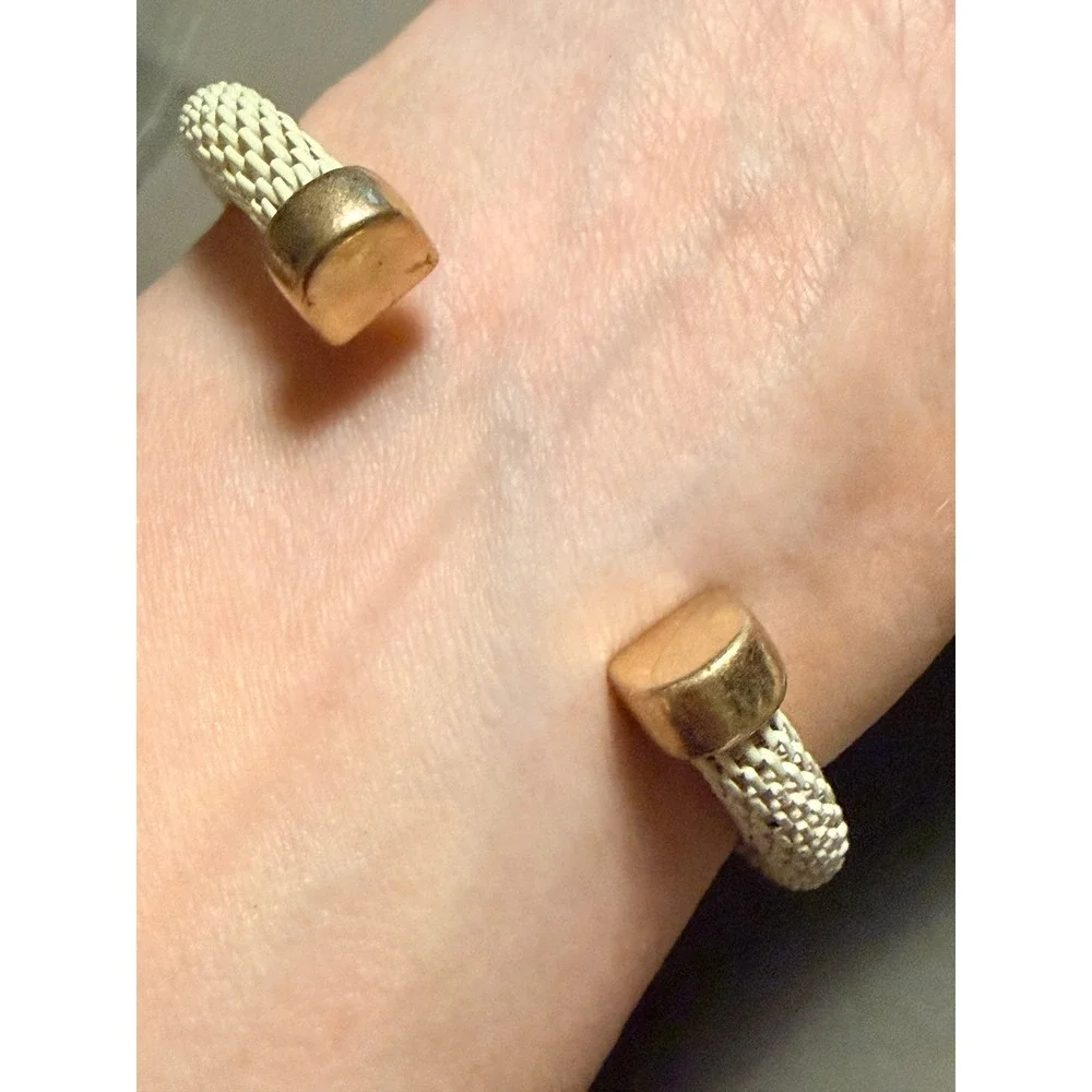 Cream Mesh‎ Gold Tone End Cap Open Cuff Bracelet Modernist Industrial Design